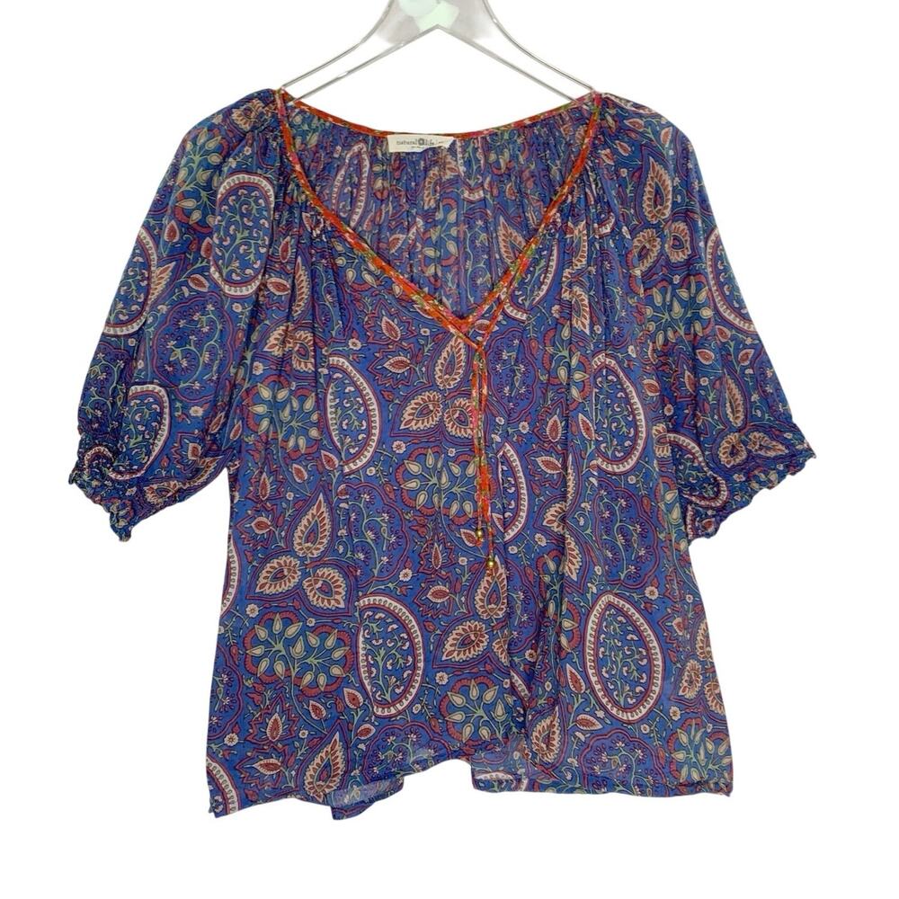 Natural Life Blue Paisley Peasant Boho Blouse XL Red Trim Flowy Fit Smock Cuffs
